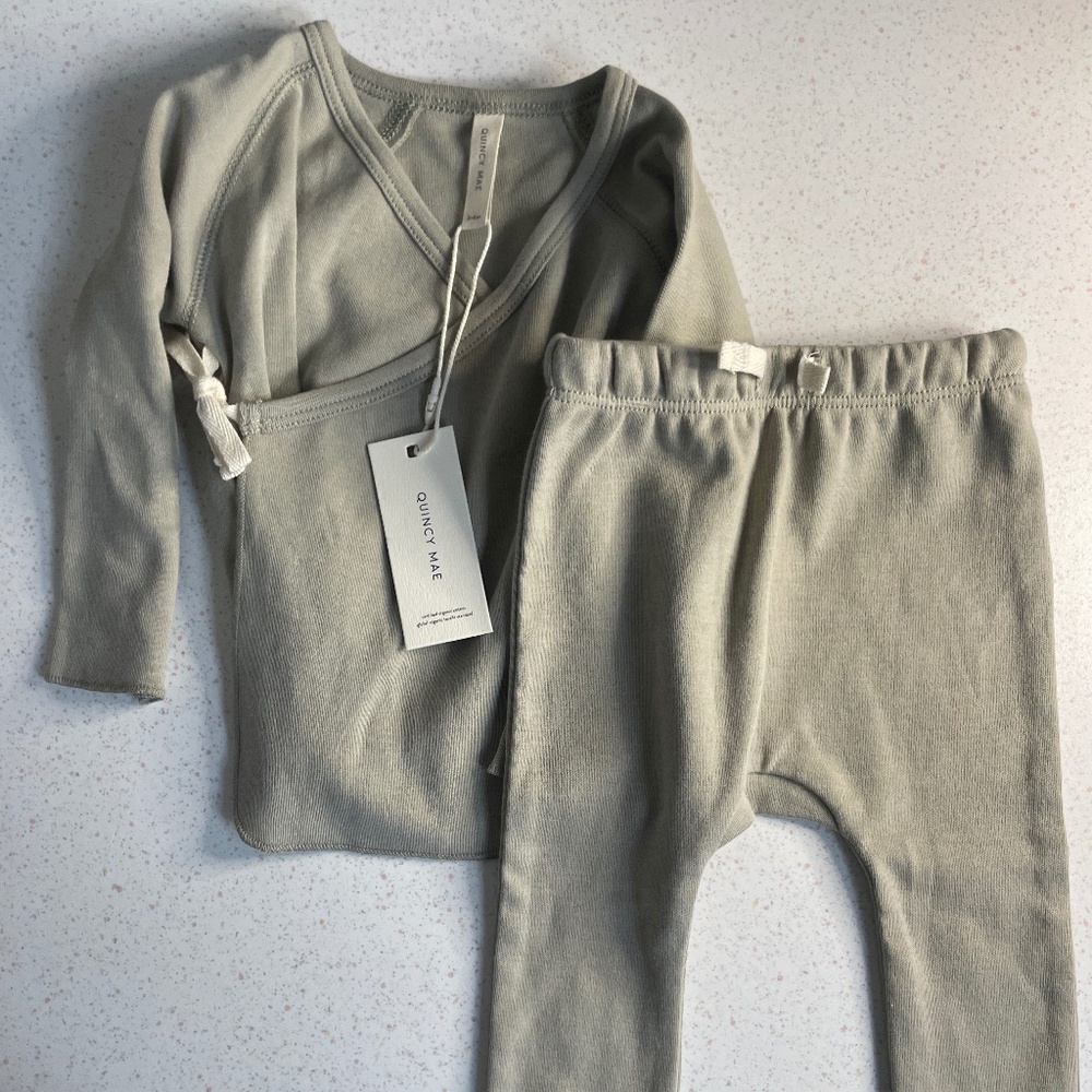 Quincy Mae 100% Cotton Top + Footed Pant Set | Size 3–6M | NWT in Sage